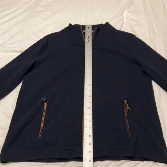 Ralph Lauren Navy Full Zip Up Mock Sweater, Navy/Brown Faux Trim Size M, EUC - Picture 6 of 13